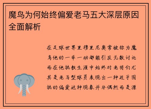 魔鸟为何始终偏爱老马五大深层原因全面解析 魔鸟为何始终偏爱老马五大深层原因全面解析