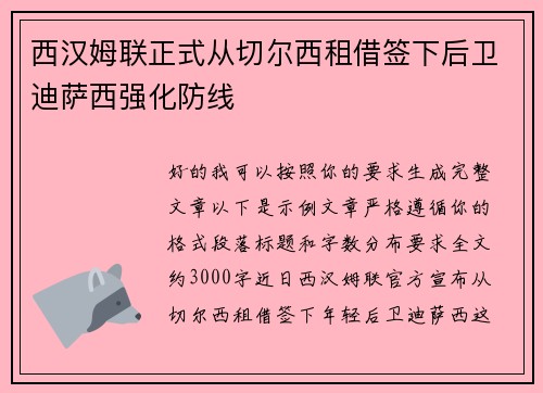 西汉姆联正式从切尔西租借签下后卫迪萨西强化防线