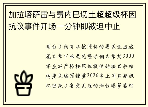 加拉塔萨雷与费内巴切土超超级杯因抗议事件开场一分钟即被迫中止