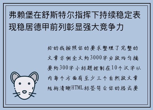 弗赖堡在舒斯特尔指挥下持续稳定表现稳居德甲前列彰显强大竞争力