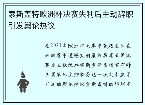 索斯盖特欧洲杯决赛失利后主动辞职引发舆论热议