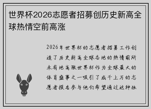 世界杯2026志愿者招募创历史新高全球热情空前高涨 世界杯2026志愿者招募创历史新高全球热情空前高涨