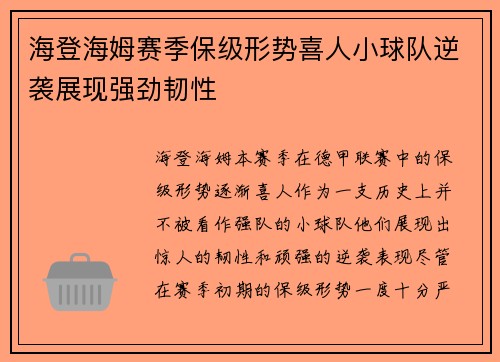 海登海姆赛季保级形势喜人小球队逆袭展现强劲韧性 海登海姆赛季保级形势喜人小球队逆袭展现强劲韧性